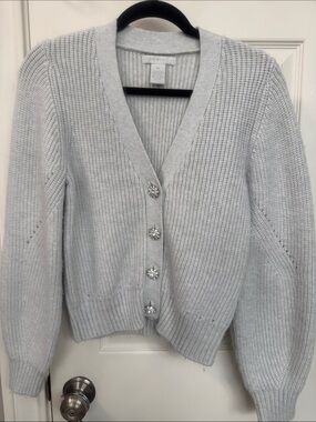 Pale light blue/Gray V-Neck Crystal Button Cardigan